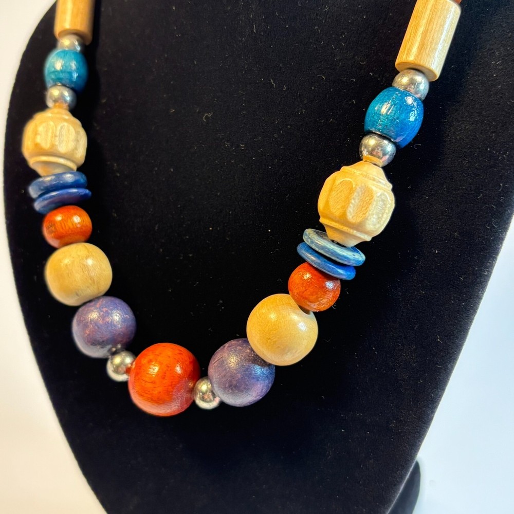 Chunky Vintage Necklace Wood Beads Boho Colorful Eye Catching