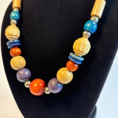 Chunky Vintage Necklace Wood Beads Boho Colorful Eye Catching