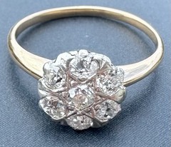 ART DECO 1930’s OLD MINE CUT DIAMOND DAISY FLOWER RING 13K 14K 15K GOLD