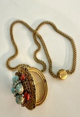 Unique Miriam Haskell Gold Tone Oval Locket Pendant Necklace Turquoise Signed