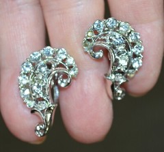 Vintage Silver Tone Twist Back Earrings Clear Rhinestones Wing Shaped 1″