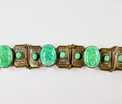 Vintage Czech Ornate Brass Tone Bracelet Filigree Links Peking Glass Cabochons