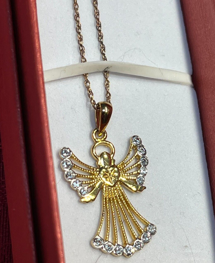 Vintage Gold Coated Sterling Silver .925 Angel Necklace CZs RL China
