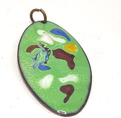 Vintage Pendant Oval Enamel on Copper Multicolor Green White Maroon Blue Yellow