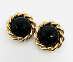 Large PAOLO GUCCI Rope Twist Black Cabochon Clip Backs Vintage Jewelry