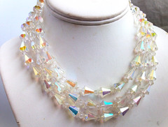 Haskell? AB triple strand,crystal,tapered baguette,vintage necklace,earrings,set