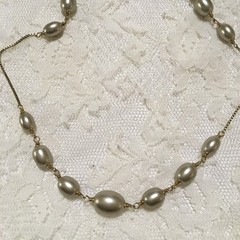 Vintage Monet Long Faux Pearl Station Bead Necklace Toggle Clasp Signed Layering