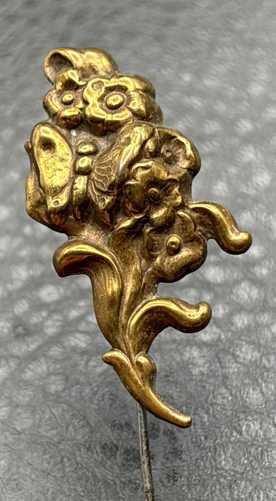 Antique Art Nouveau Butterfly Floral Victorian Repousse Gold Tone Stick Pin