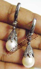 NEW ARTDECO VINTAGE 0.68ct ANTIQUE ROSE CUT DIAMOND SILVER PEARL DANGLE EARRINGS