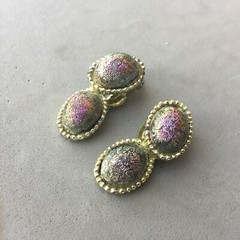 Iridescent Purple Peacock Glass Cabochon Earring Vintage Mid Century Modern Oval