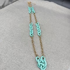 Vintage Necklace Earring Jewelry Set Acrylic Aqua Links gold Tone Chain