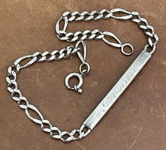 Vintage Sterling 925 Engraved Name”Renato 13-2-45” Figaro Chain Bracelet 8.5” In