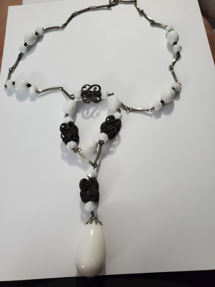Vtg. White Milk Glass & Metal Beaded Necklace, Plastic Pendant