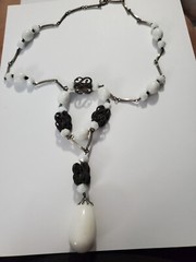 Vtg. White Milk Glass & Metal Beaded Necklace, Plastic Pendant