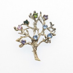 925 Sterling Silver Gold Plated Vintage Real Multi-Color Gem Tree of Life Brooch