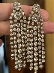 Vintage Huge Prong Set Rhinestones Chandelier Dangle Drop Clip On Earrings
