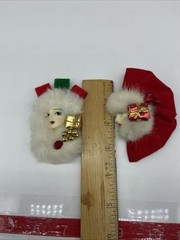 Vintage Christmas Brooch Lot 2pc Faux Fur Velvet Lady Face Gift Box Holiday Pins