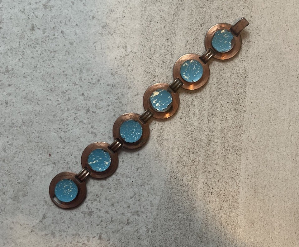 Vintage Mid Century Copper Link Panel Bracelet Blue Enamel Some Flaws H5