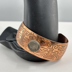 Vintage Copper Cuff Bracelet Etched Tribal Symbol Stone Cabochon Artisan Boho