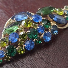 Vintage Blue Green Rhinestone Leaf Brooch Gold Tone Large 3.5″ Statement Pin