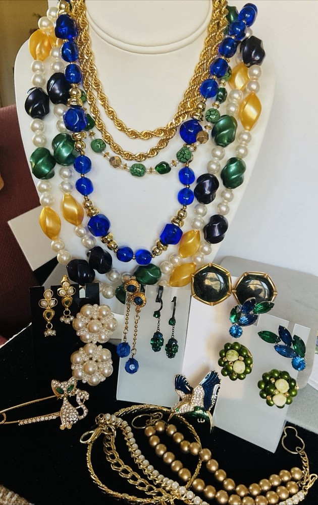 Vintage Blue/Green/Gold Jewelry Mix Lot Earrings Necklace RS Beads Glass Enamel