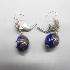 Vintage Cloisonne Necklace Earrings Leverback Signed Silver Tone 27 Inch