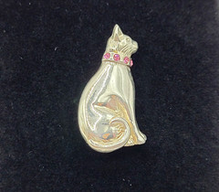 Cat Kitty Sit Pretty Pink Rhinestone Collar Jezlaine Sterling 925 Vtg Brooch Pin
