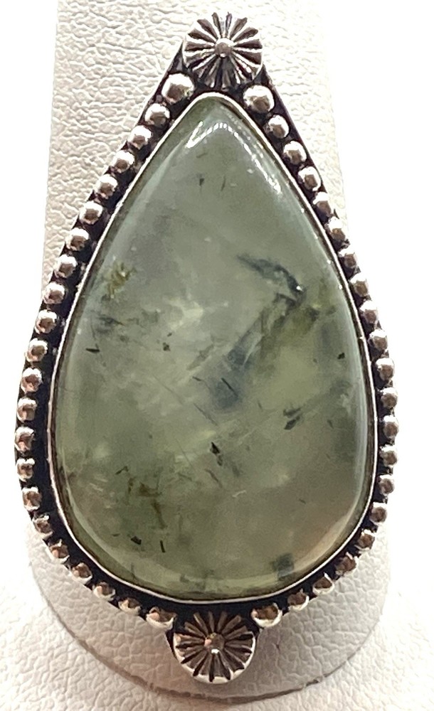 Vintage Sterling Silver / 925 Large Teardrop Green Prehnite Ring Size 11.5