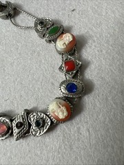 VTG Victorian Revival Slide Bracelet, Silver Tone – Rhinestone, Glass, Cameo 7”