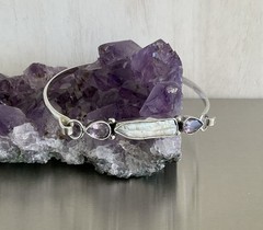 Vintage Baroque Keshi Pearl and Amethyst Tension Hook Bangle Bracelet 7″