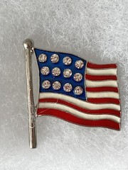 Enamel and Crystal American Flag Lapel Pin Brooch Silver Tone