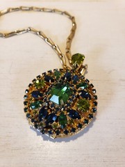 Vintage Hobe Green and Blue Rhinestones Pendant Locket Necklace