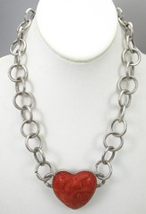 UNUSUAL SOUTHWESTERN STERLING SILVER HORN CORAL HEART STATEMENT NECKLACE 106G