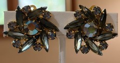 Vintage TARA by D&E Juliana Clip Earrings Gray Navette AB Rhinestones 1”
