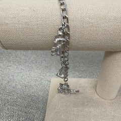 Vintage Charm Bracelet Silver Tone 5 Charms Log Cabin Horse Buggy Museum