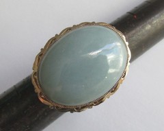 Sz 5.75 BIG BOLD VINTAGE STERLING SILVER CELEDON JADE SOLITAIRE RING TAIWAN
