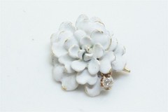 ANTIQUE 14K GOLD WHITE ENAMEL DIAMOND ROSE FLOWER BROOCH / PENDANT C1900
