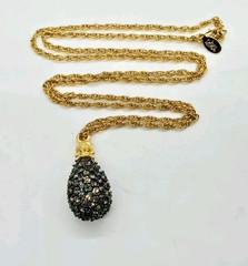Joan Rivers Egg Pendant Necklace Grey Crystal Gold tone Chain Retired 28 in