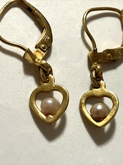 Vintage Gold Precious Metal W Germany Open Heart Pearl Dingle Earrings Signed FB