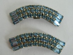 Vintage Pale Blue Round and Baguette Rhinestone Dress Clips Silver Tone