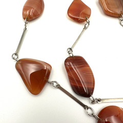 Agate Necklace Long Banded Stone Nuggets Boho Orange Statement 32″