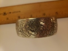 VINTAGE Kirk Stieff Pewter Etched Cuff Bracelet Rose 900-6 June, 6.25in