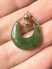 Beautiful Vintage Green Jade Beaded Necklace And 14KT Earrings Hoops