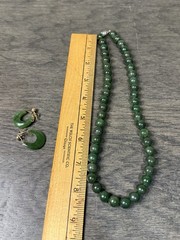 Beautiful Vintage Green Jade Beaded Necklace And 14KT Earrings Hoops