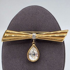 Monet Gold Tone Bow Brooch with Teardrop Crystal Dangle Pin Vintage Signed