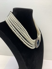 RDC Vintage Faux Pearl Blue Stone Pendant Choker Necklace Costume Jewelry