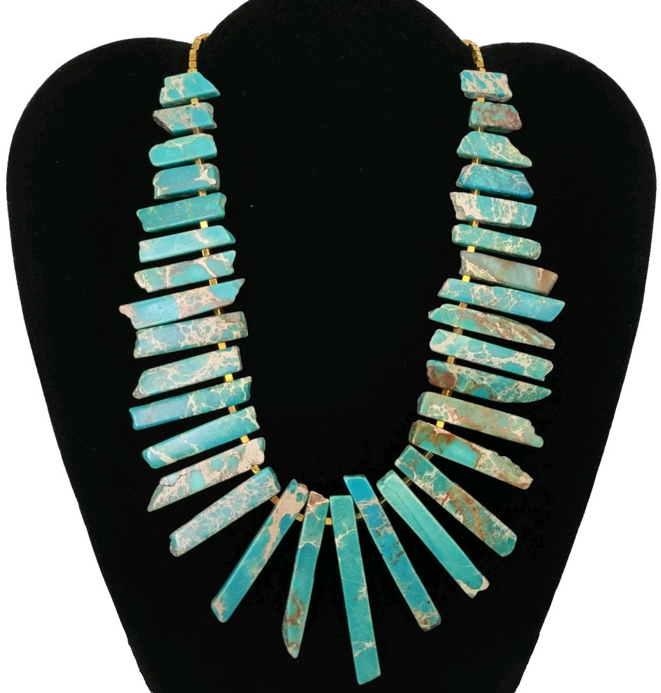 Vintage Choker Necklace Graduated Stick Blue Sea Sediment Jasper 15″ Bib/Choker