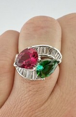 Antique Platinum Hot Pink & Green Tourmaline & Baguette Diamond Moi et Toi Ring