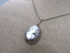 Edwardian Carved Shell Cameo B.S. 800 Wire Wrapped Pendant Necklace Scroll Chain