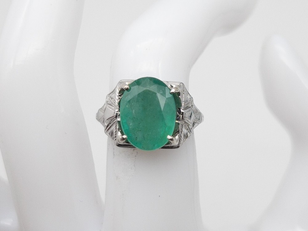 Antique 1920s Belais $10,000 7ct Natural Emerald 18k White Gold Filigree Ring